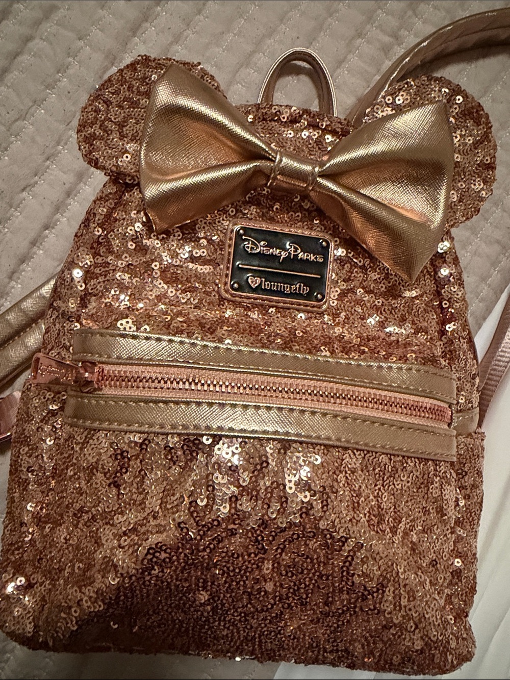 Loungefly Rose Gold Sequin Mini Backpack with Metallic Bow (Retired heart logo)